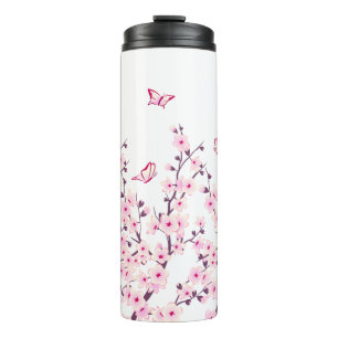 Bloemrijke kersenbloesems vlinders roze wit thermosbeker