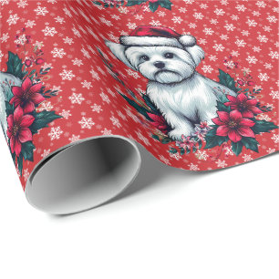 Bloemrijke Kerst Maltese Hond met Kerstman Hoed Ke Cadeaupapier