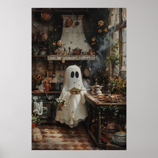 Bloemrijke Keuken Spook Print, Donkere Academie Poster (Voorkant)