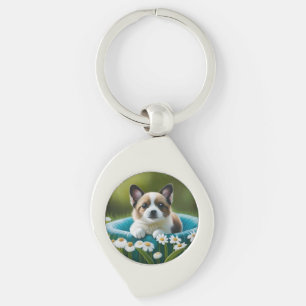 Bloemrijke kleine hond in madeliefjes sleutelhanger