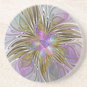 Bloemrijke Kleurrijke Abstracte Fractal Met Roze & Zandsteen Onderzetter