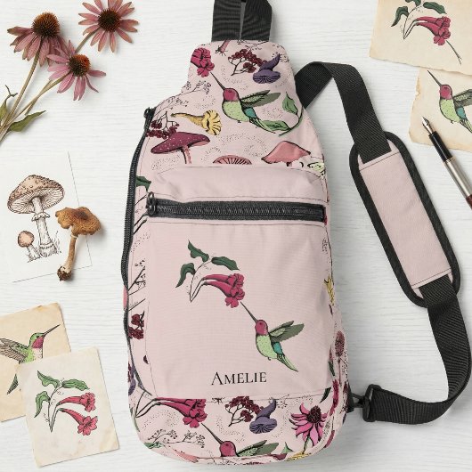 Bloemrijke Kolibrie Aangepaste naam Roze Modern Sling Bag