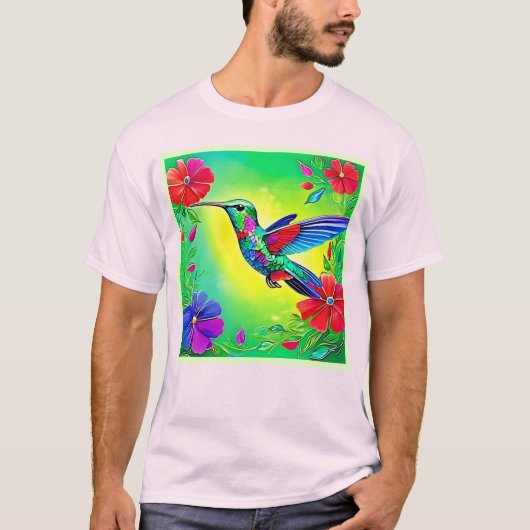 Bloemrijke Kolibrie Kunst Design T-shirt (Voorkant)