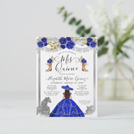 Bloemrijke Koningsblauwe Zilveren Charra Paard Qui Uitnodiging Briefkaart (Staand voorkant)