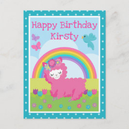 Bloemrijke Lente Roze Lama & Regenboog Verjaardag Briefkaart