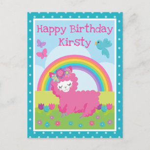 Bloemrijke Lente Roze Lama & Regenboog Verjaardag Briefkaart