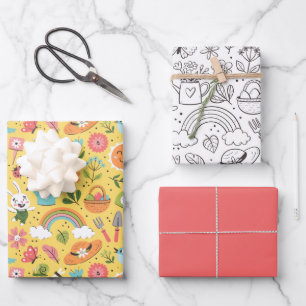 Bloemrijke Lente Schattige Doodle Kleurig Zwart en Inpakpapier Vel
