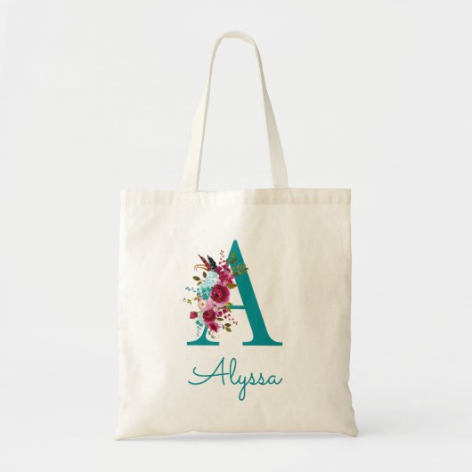 Bloemrijke Letter A Schreef Monogram Teal Roze Tote Bag (Voorkant)