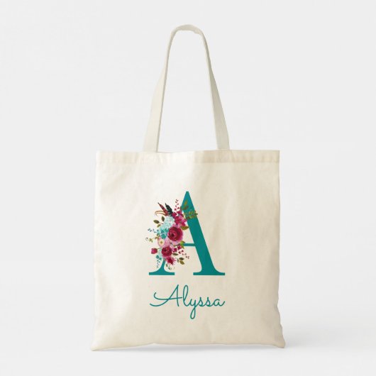 Bloemrijke Letter A Schrift Monogram Teal Roze Tote Bag (Achterkant)