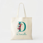 Bloemrijke Letter D Script Monogram Teal Roze Tote Bag (Voorkant)