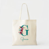 Bloemrijke Letter G Script Monogram Teal Roze Tote Bag (Voorkant)