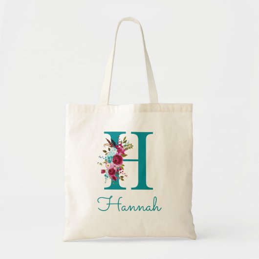 Bloemrijke Letter H Schrift Monogram Teal Roze Tote Bag (Voorkant)