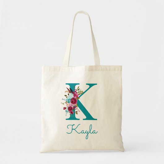 Bloemrijke Letter K Schrift Monogram Teal Roze Tote Bag (Voorkant)