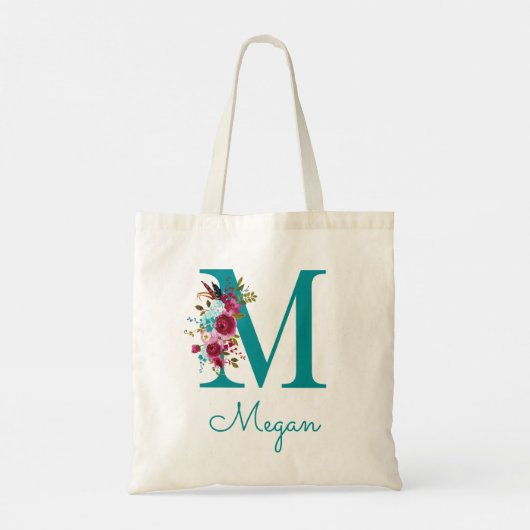 Bloemrijke Letter M Script Monogram Teal Roze Tote Bag (Achterkant)