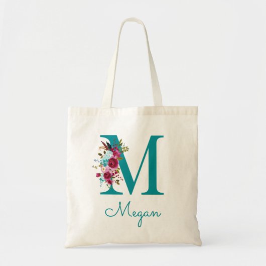Bloemrijke Letter M Script Monogram Teal Roze Tote Bag (Voorkant)