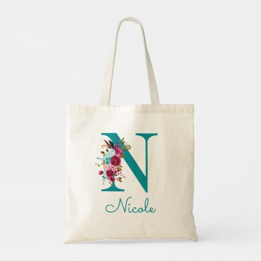 Bloemrijke Letter N Script Monogram Teal Roze Tote Bag (Achterkant)