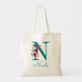 Bloemrijke Letter N Script Monogram Teal Roze Tote Bag (Voorkant)