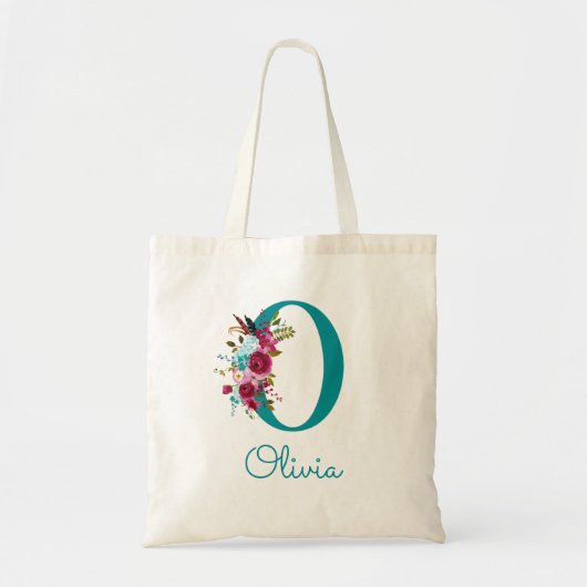 Bloemrijke Letter O Script Monogram Teal Roze Tote Bag (Voorkant)