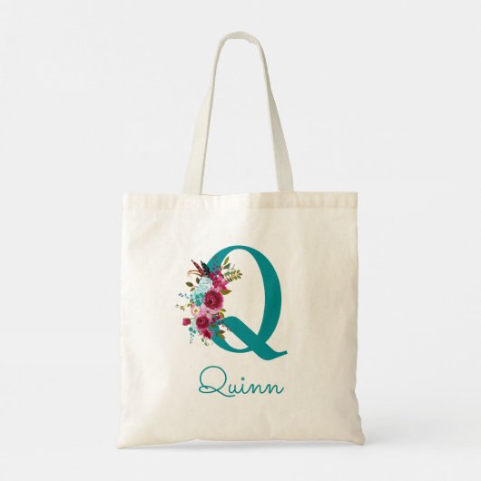 Bloemrijke Letter Q Schrift Monogram Teal Roze Tote Bag (Achterkant)