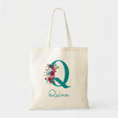 Bloemrijke Letter Q Schrift Monogram Teal Roze Tote Bag (Voorkant)