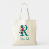 Bloemrijke Letter R Script Monogram Teal Roze Tote Bag (Achterkant)