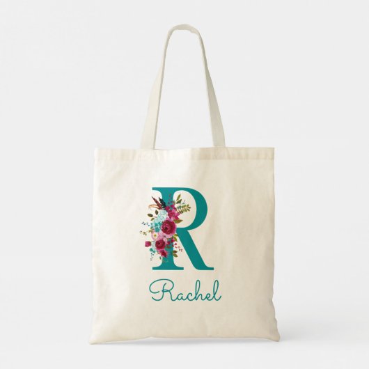 Bloemrijke Letter R Script Monogram Teal Roze Tote Bag (Achterkant)