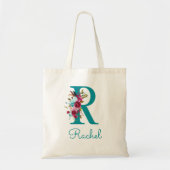 Bloemrijke Letter R Script Monogram Teal Roze Tote Bag (Voorkant)