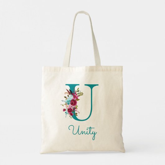 Bloemrijke Letter U Script Monogram Teal Roze Tote Bag (Achterkant)