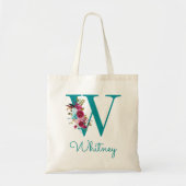 Bloemrijke Letter W Schrift Monogram Teal Roze Tote Bag (Voorkant)