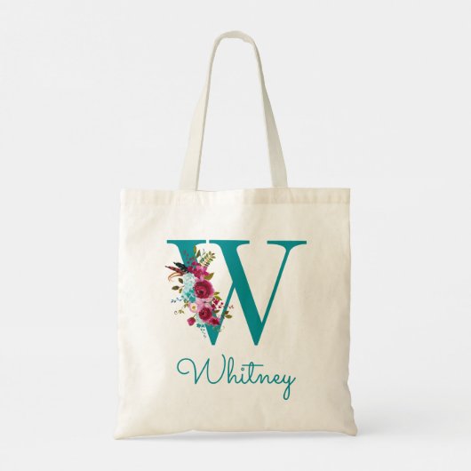 Bloemrijke Letter W Script Monogram Teal Roze Tote Bag (Achterkant)