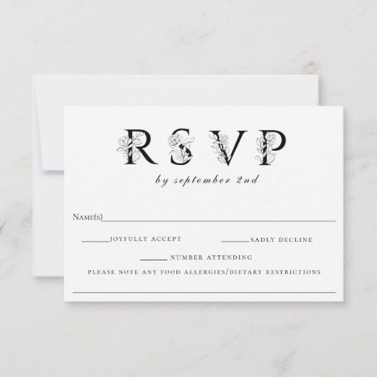 Bloemrijke letters trouw-RSVP met allergie-notitie RSVP Kaartje (Voorkant)