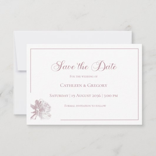 Bloemrijke Lijnkunst Witte Stof Rose Bruiloft Save The Date (Voorkant)