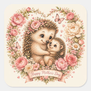Bloemrijke Mama & Baby Egel Cottagecore Vierkante Sticker