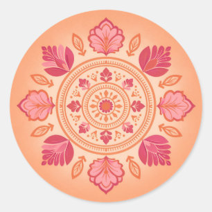 Bloemrijke mandala-illustratie op een perzik achte ronde sticker