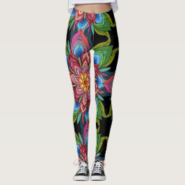 Bloemrijke Mandala, Levendig multikleurig op zwart Leggings