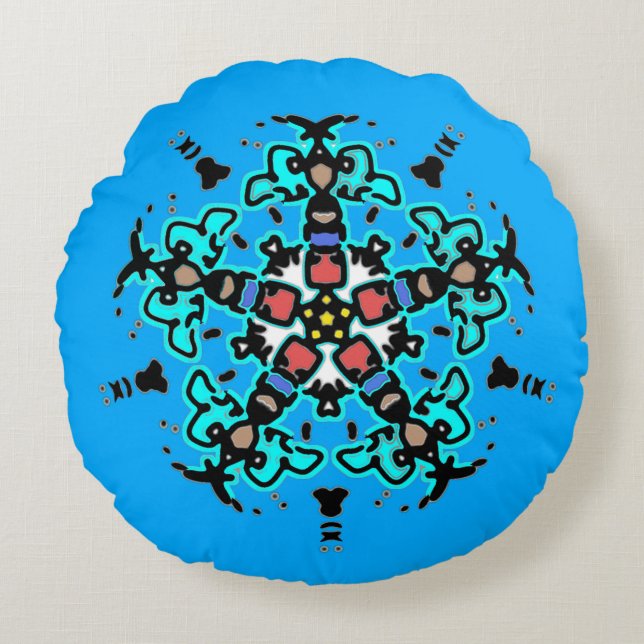 Bloemrijke Mandala Naadloos Turquoise Rond Kussen (Voorkant)