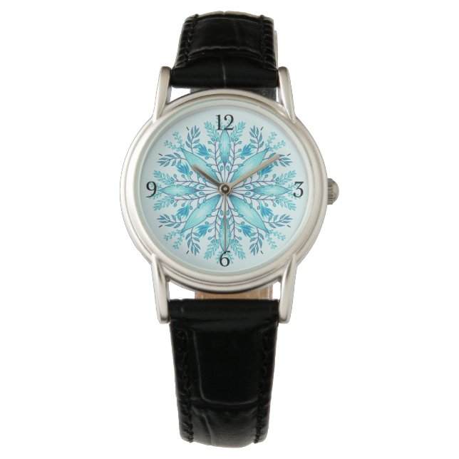 Bloemrijke Mandala - Turquoise Blauwe Boho Sneeuwv Horloge (Voorkant)