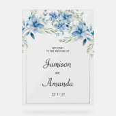 Bloemrijke marineblauwe mintgroene bloemige bruilo acryl bord (Voorkant)