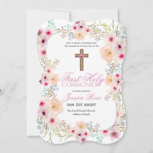 Bloemrijke meisjes eerste heilige communie uitnodi kaart (Voorkant)