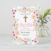 Bloemrijke meisjes eerste heilige communie uitnodi kaart (Staand voorkant)