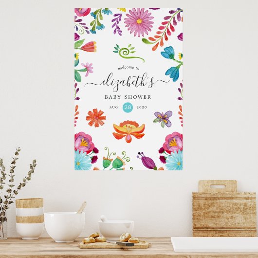 Bloemrijke Mexicaanse Fiesta Baby- of Bruiloftfees Poster (Keuken)
