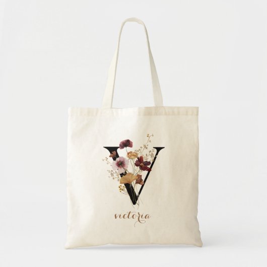 Bloemrijke Moderne Gepersonaliseerde Monogram Lett Tote Bag (Voorkant)