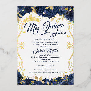 Bloemrijke Navy Tuin Goud Mis Quince Quinceanera Folie Uitnodiging