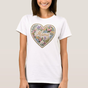 Bloemrijke Nep-Borduurwerk Hart Mama T-shirt