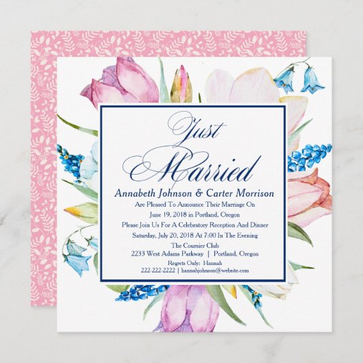 Bloemrijke "Net Getrouwd" Huwelijksaankondiging Kaart (Voorkant / Achterkant)