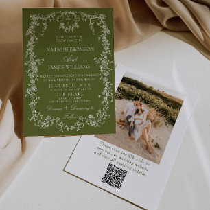 Bloemrijke Olijfgroene Tuin Foto QR Code Huwelijk Kaart