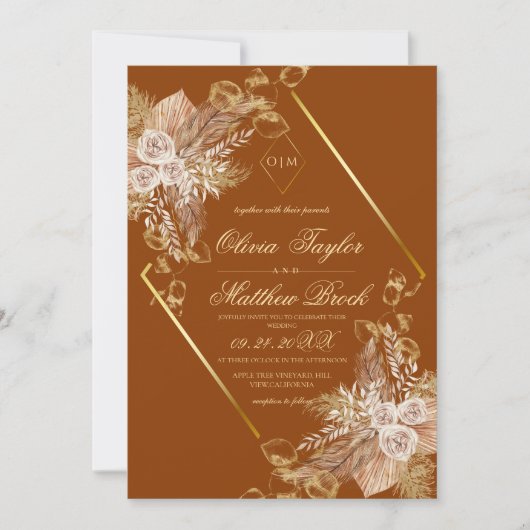 Bloemrijke Oranje Boho Rustieke Bruiloft Kaart (Voorkant)
