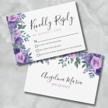 Bloemrijke Paarse Quinceanera RSVP Kaart