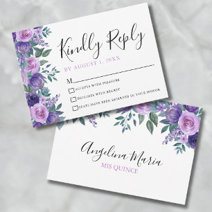 Bloemrijke Paarse Quinceanera RSVP Kaart