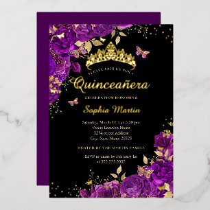 Bloemrijke Paarse Vlinder Gouden Elegante Quincean Folie Uitnodiging